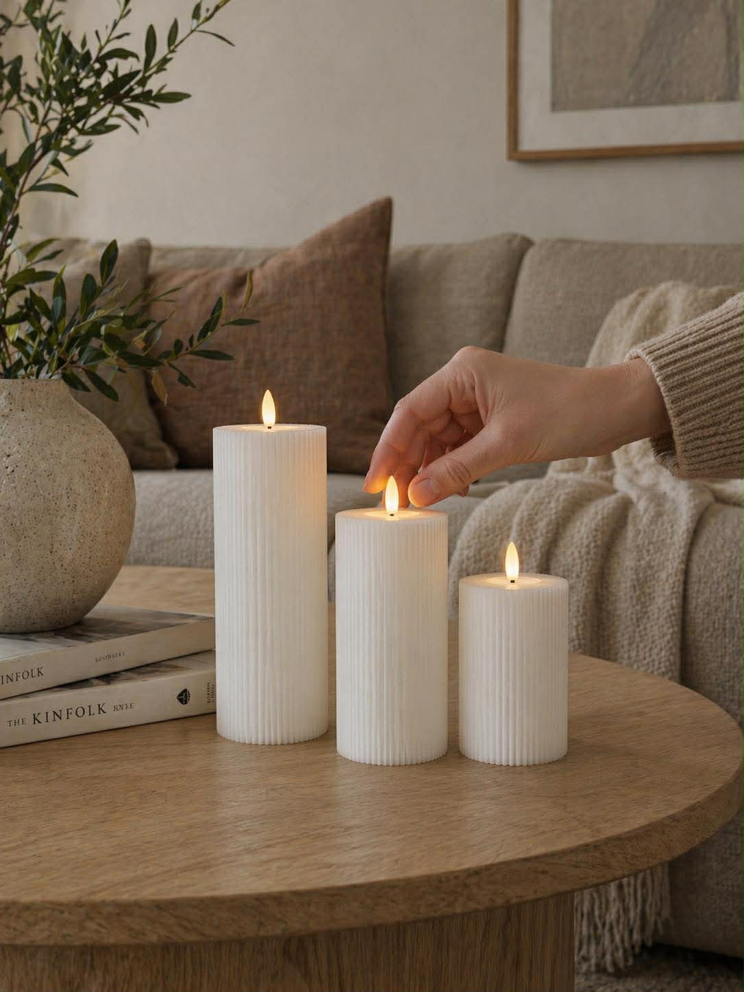 Lot de 3 bougies à surface côtelée avec fonction tactile – lumière blanc chaud