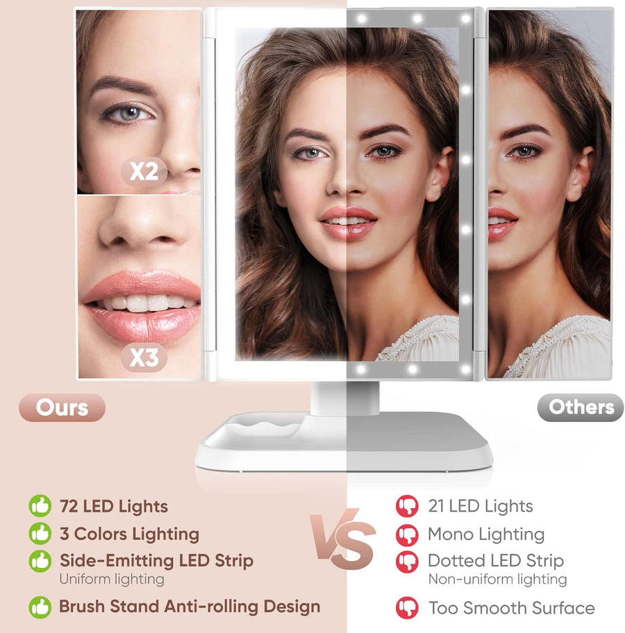 Miroir de Maquillage LED Pliant à 3 Panneaux avec Éclairage Réglable