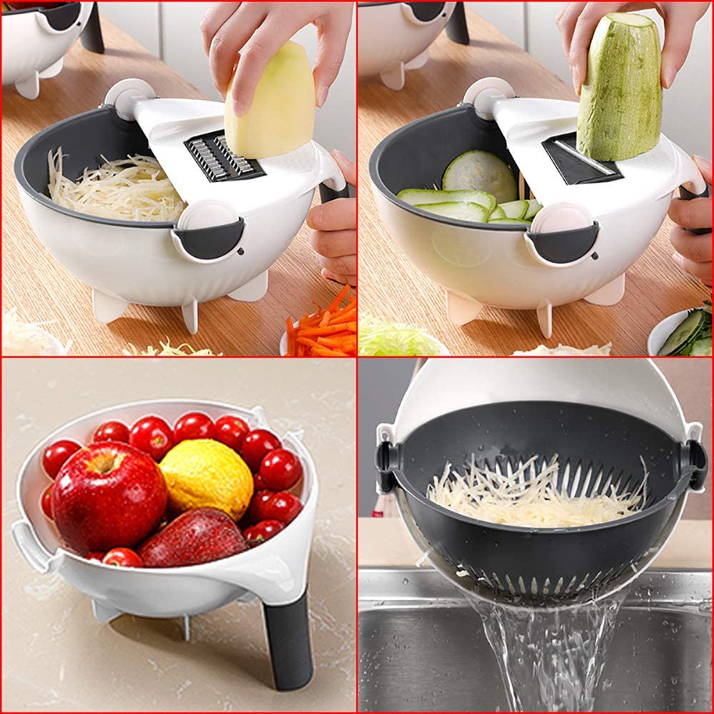 Coupe-légumes 9-en-1 avec passoire égouttoir & 7 accessoires en acier inoxydable