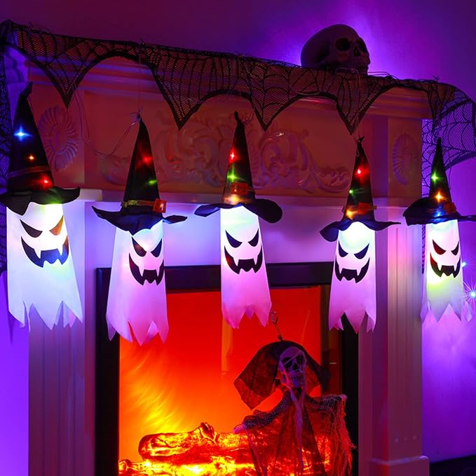 Guirlande lumineuse Halloween avec lanternes fantômes – 5 LED fantômes blanc chaud