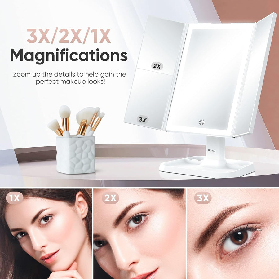 Miroir de Maquillage LED Pliable à 3 Volets avec Éclairage Naturel