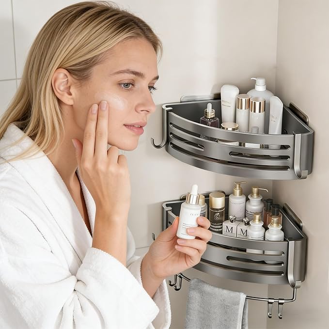 Étagère de douche d'angle sans perçage – Set de 2 étagères d'angle en aluminium réglables
