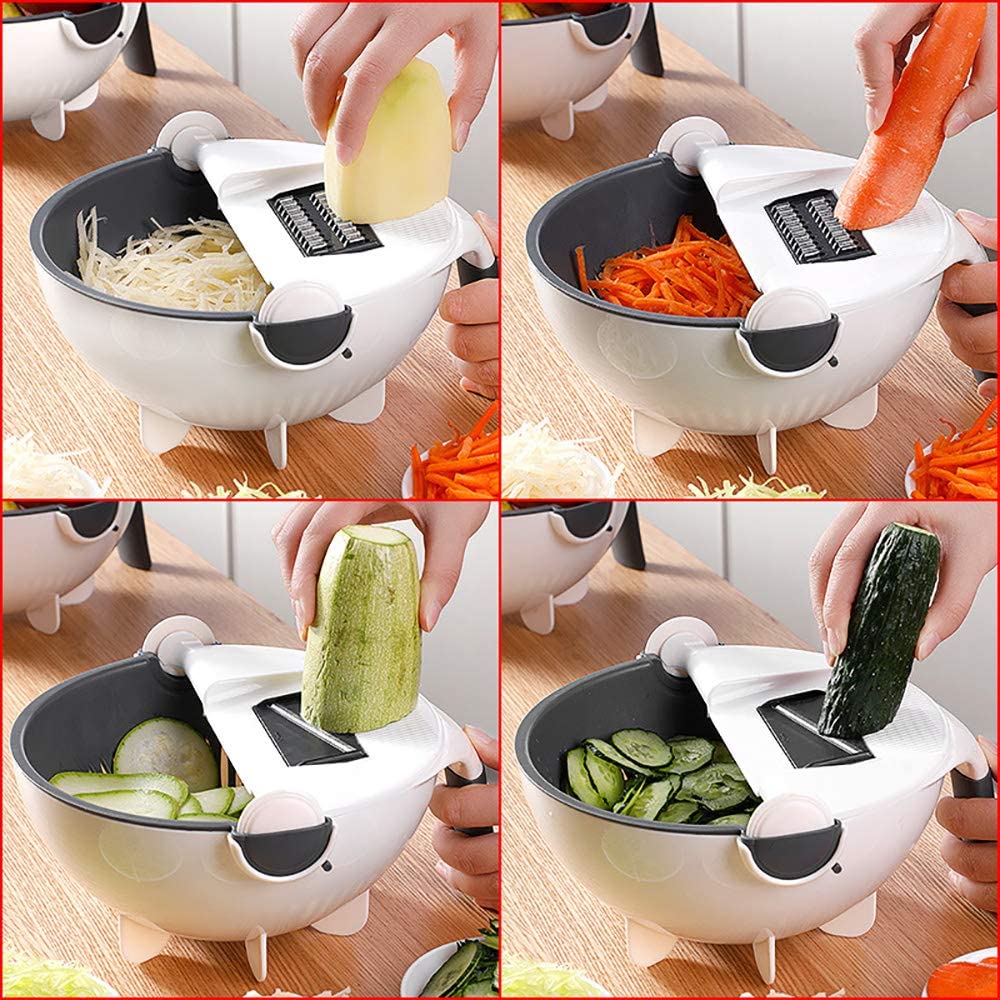 Coupe-Légumes Multifonction 9-en-1 avec Panier Égouttoir Intégré