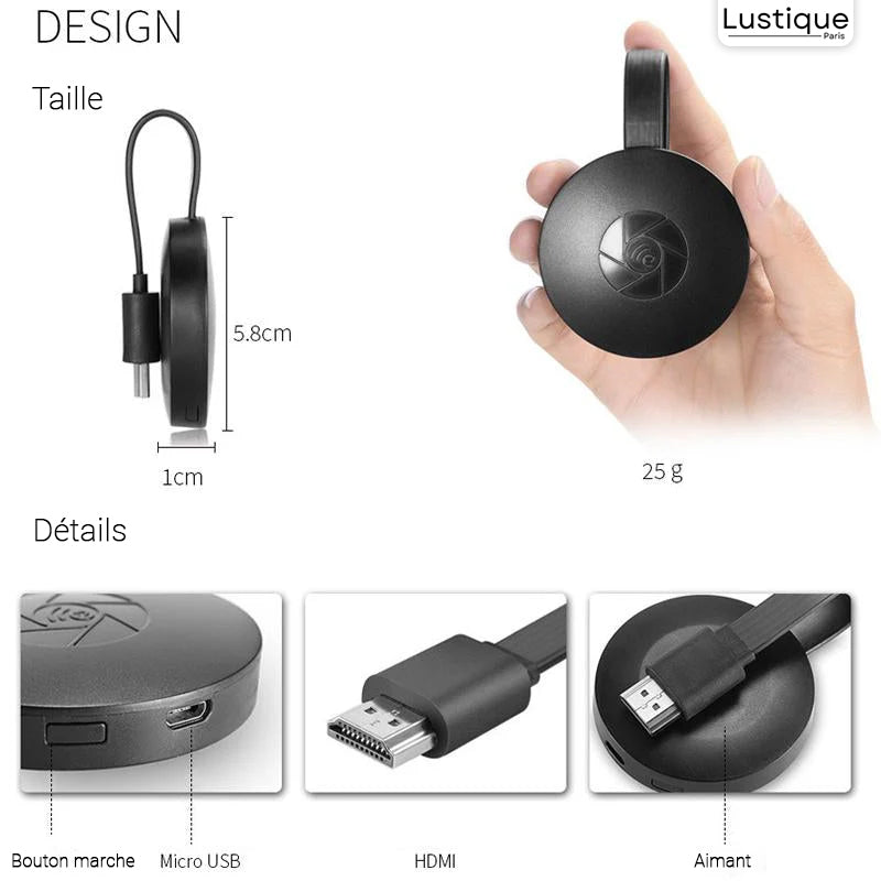 Adaptateur HDMI WiFi Miracast pour Miroir d'Écran Smartphone sur TV
