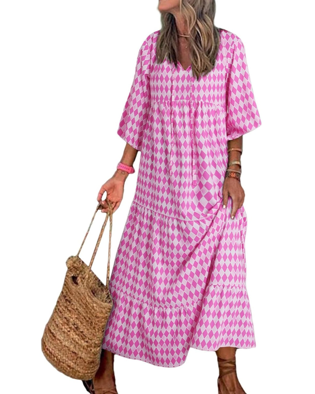Lieke™ – Robes longues bohèmes géométriques à manches bouffantes pour femmes [50 % de réduction]
