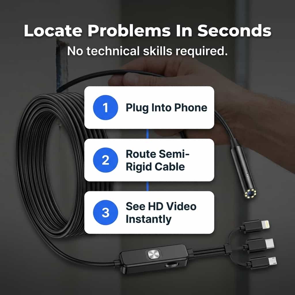 Caméra d'inspection HD 1080p avec câble semi-rigide 5 m pour smartphone