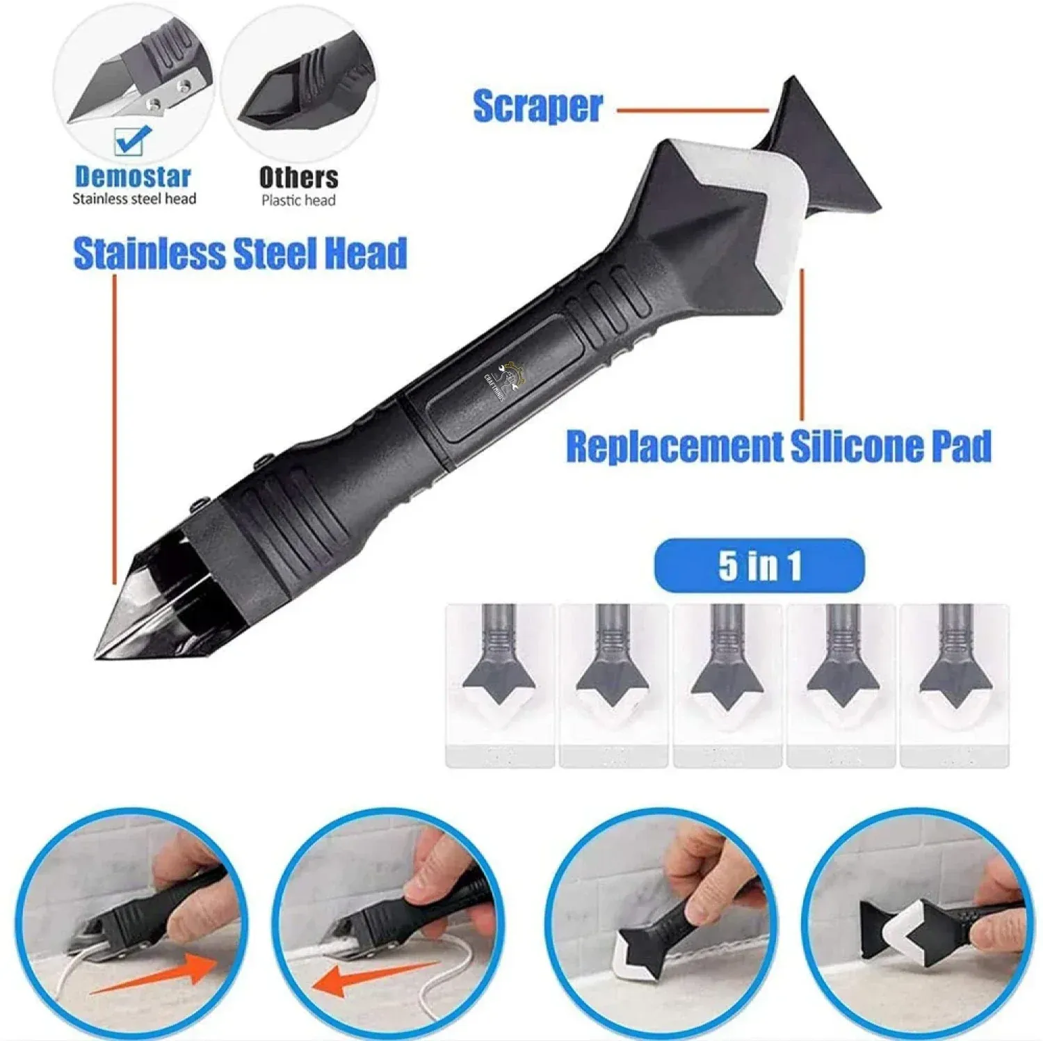 Outil 3-en-1 Lisseur de Joints Silicone avec 5 Embouts Interchangeables