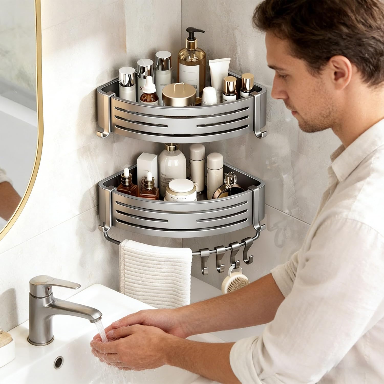 Étagère de douche d'angle sans perçage – Set de 2 étagères d'angle en aluminium réglables