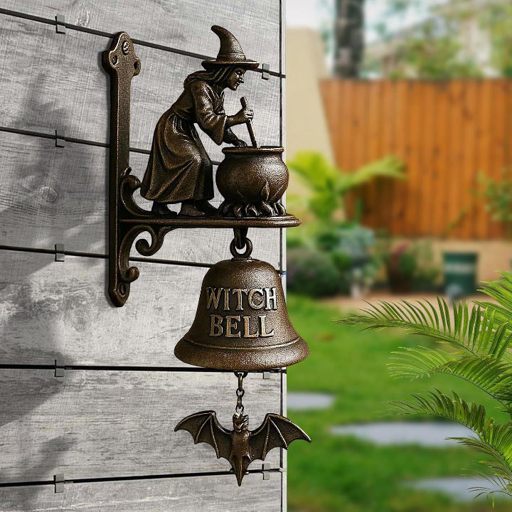Cloche de porte en fonte avec motif sorcière – Bronze antique pour extérieur