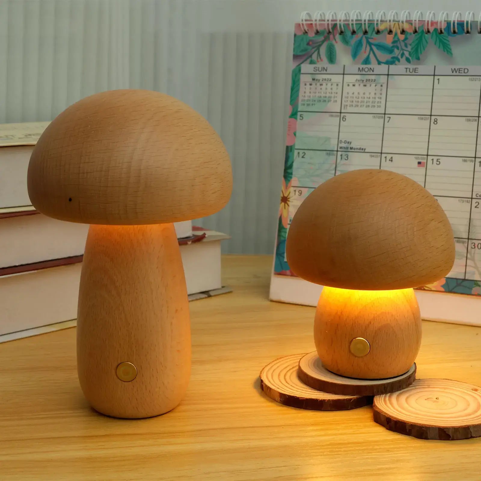 Veilleuse champignon en bois de noyer – dimmable et sans fil