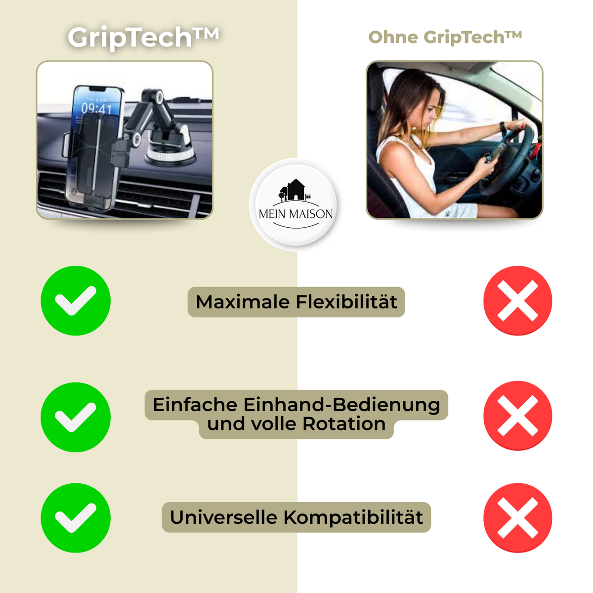 Support téléphone voiture avec ventouse, rotation 360° et utilisation à une main