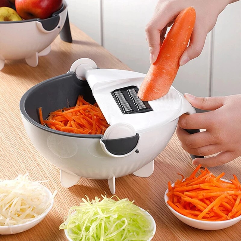 Coupe-Légumes Multifonction 9-en-1 avec Panier Égouttoir Intégré
