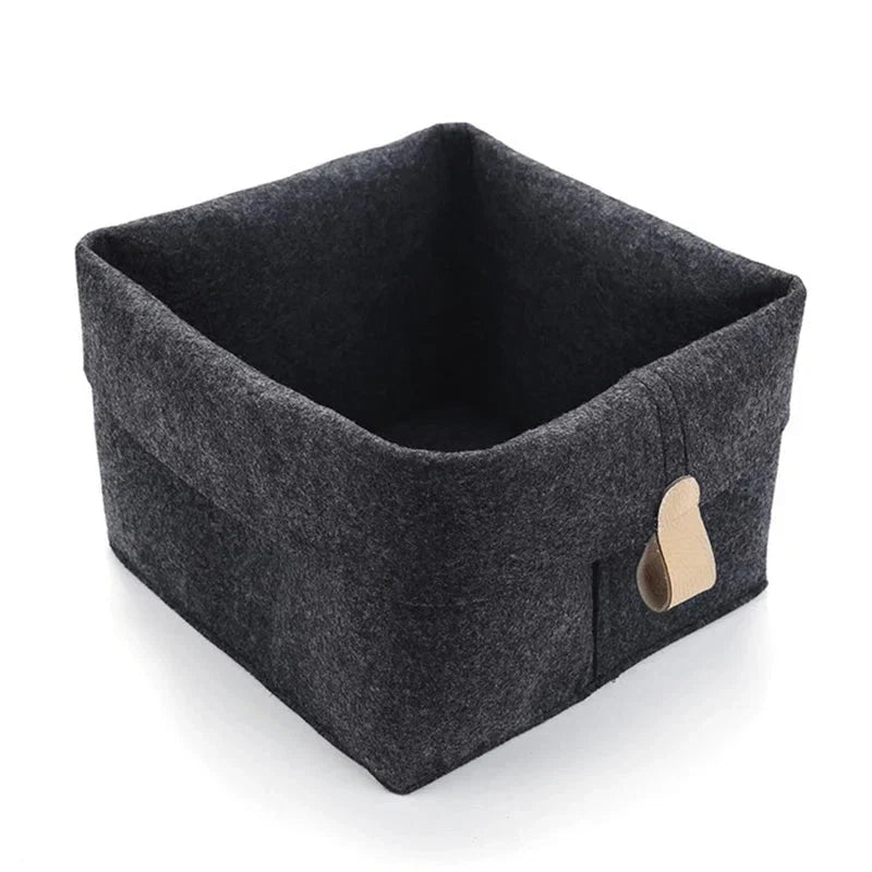 Boîte de rangement en feutre avec poignée en cuir et couvercle rabattable