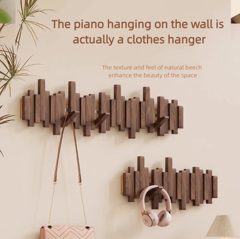 Porte-manteau mural en bois massif avec crochets rabattables design piano