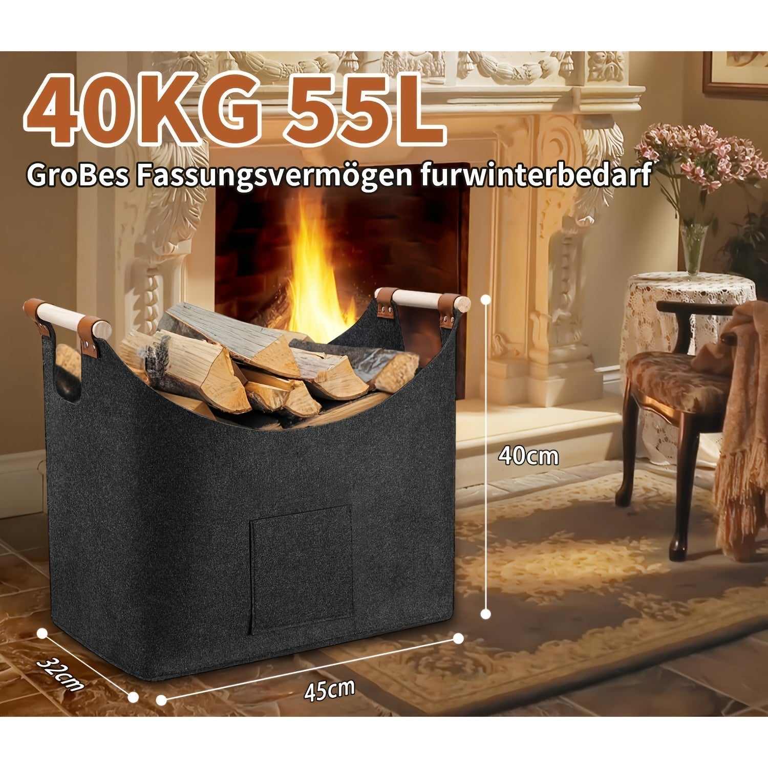 Panier à bûches pliable en feutre avec poignées en bois – 55 litres