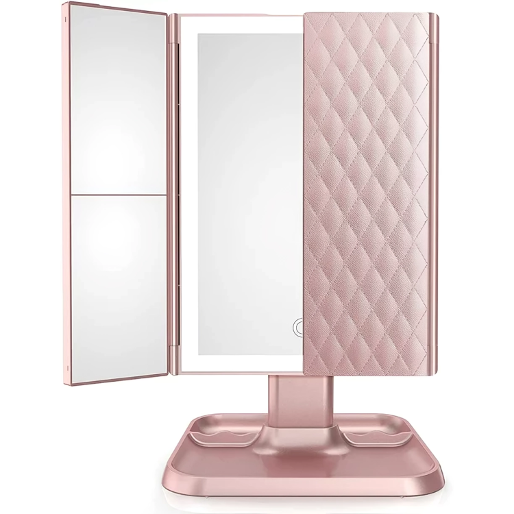 Miroir de Maquillage LED Pliant à 3 Panneaux avec Éclairage Réglable