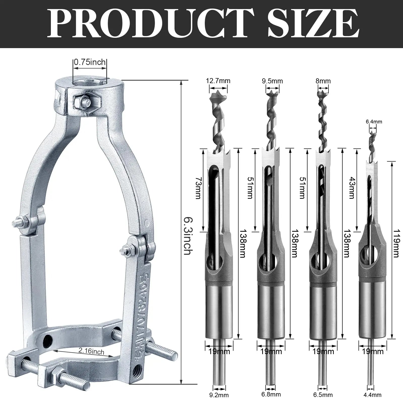 Embouts adaptateurs de ciseau à bois pour mortaises – 8 embouts 6–16 mm
