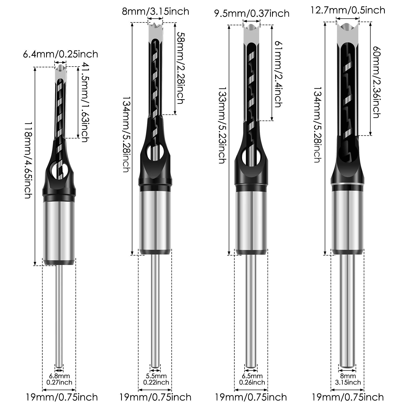 Embouts adaptateurs de ciseau à bois pour mortaises – 8 embouts 6–16 mm