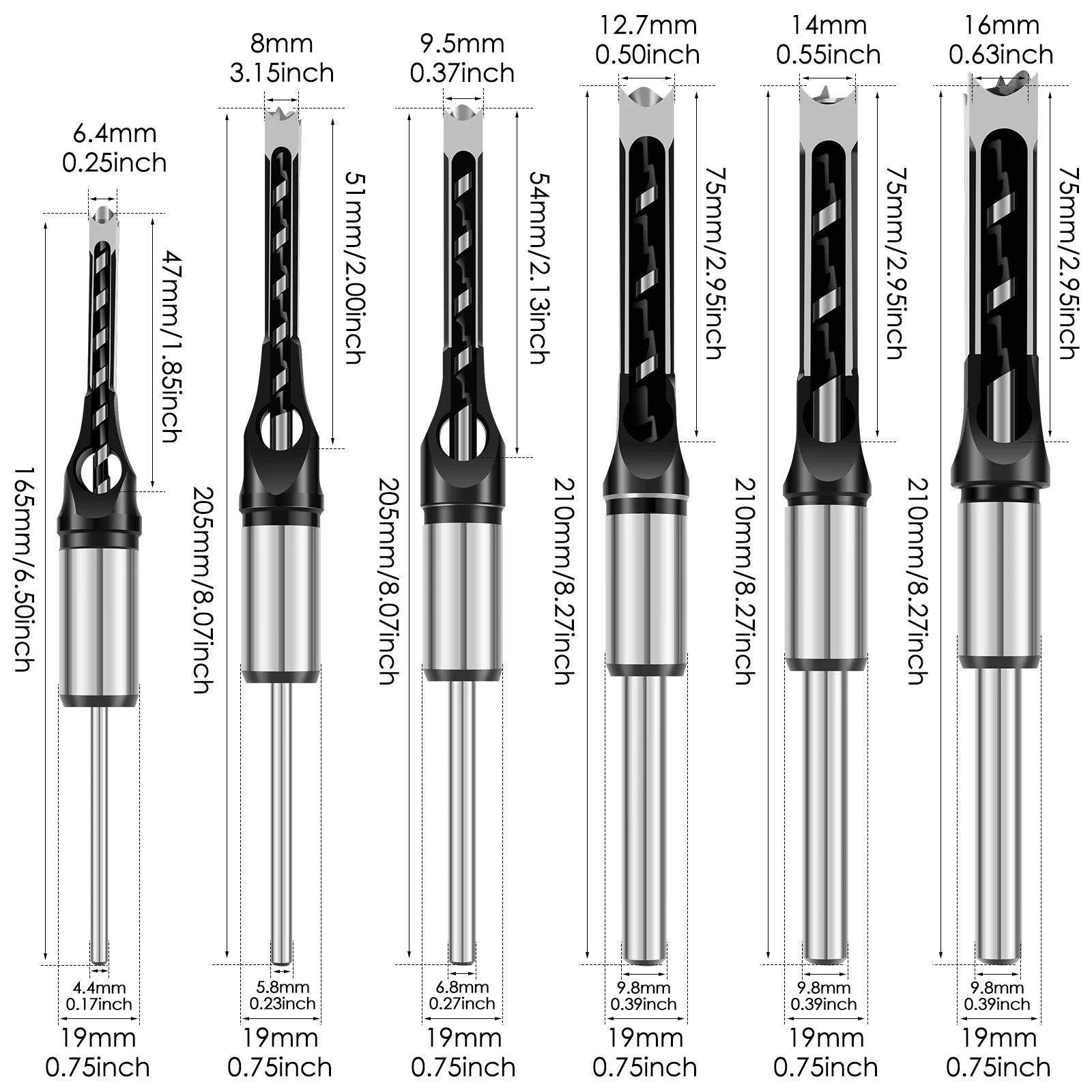Embouts adaptateurs de ciseau à bois pour mortaises – 8 embouts 6–16 mm
