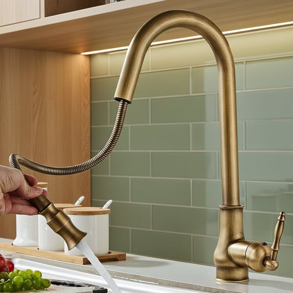 Robinet de cuisine avec douchette extractible en bronze antique pour le quotidien