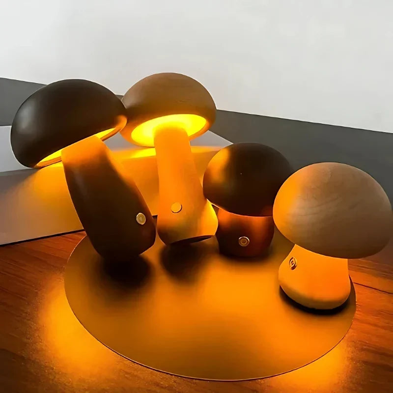 Veilleuse champignon en bois – dimmable et rechargeable par USB