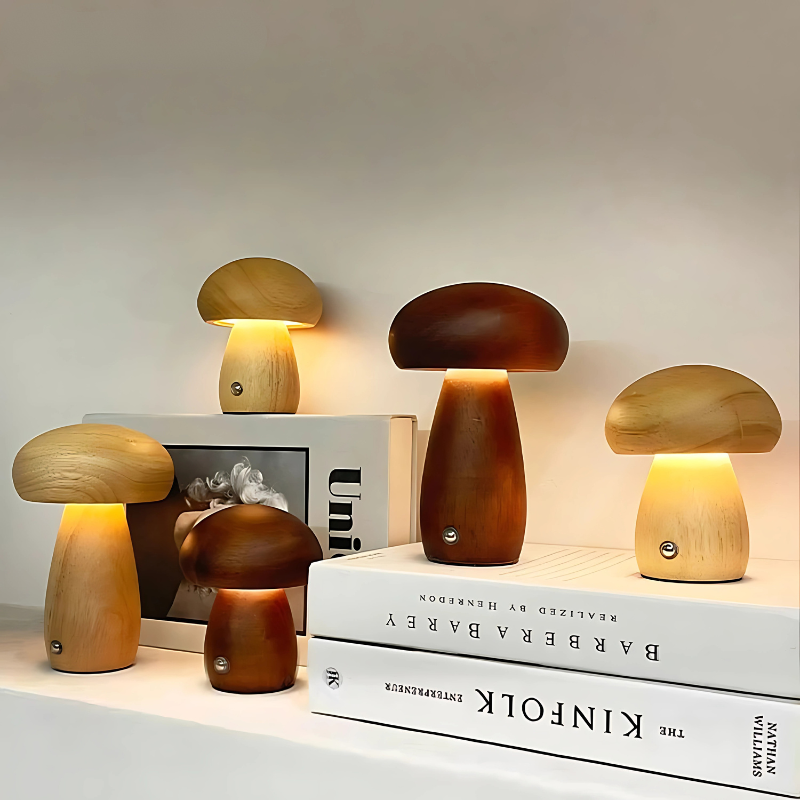 Veilleuse champignon en bois – dimmable et rechargeable par USB