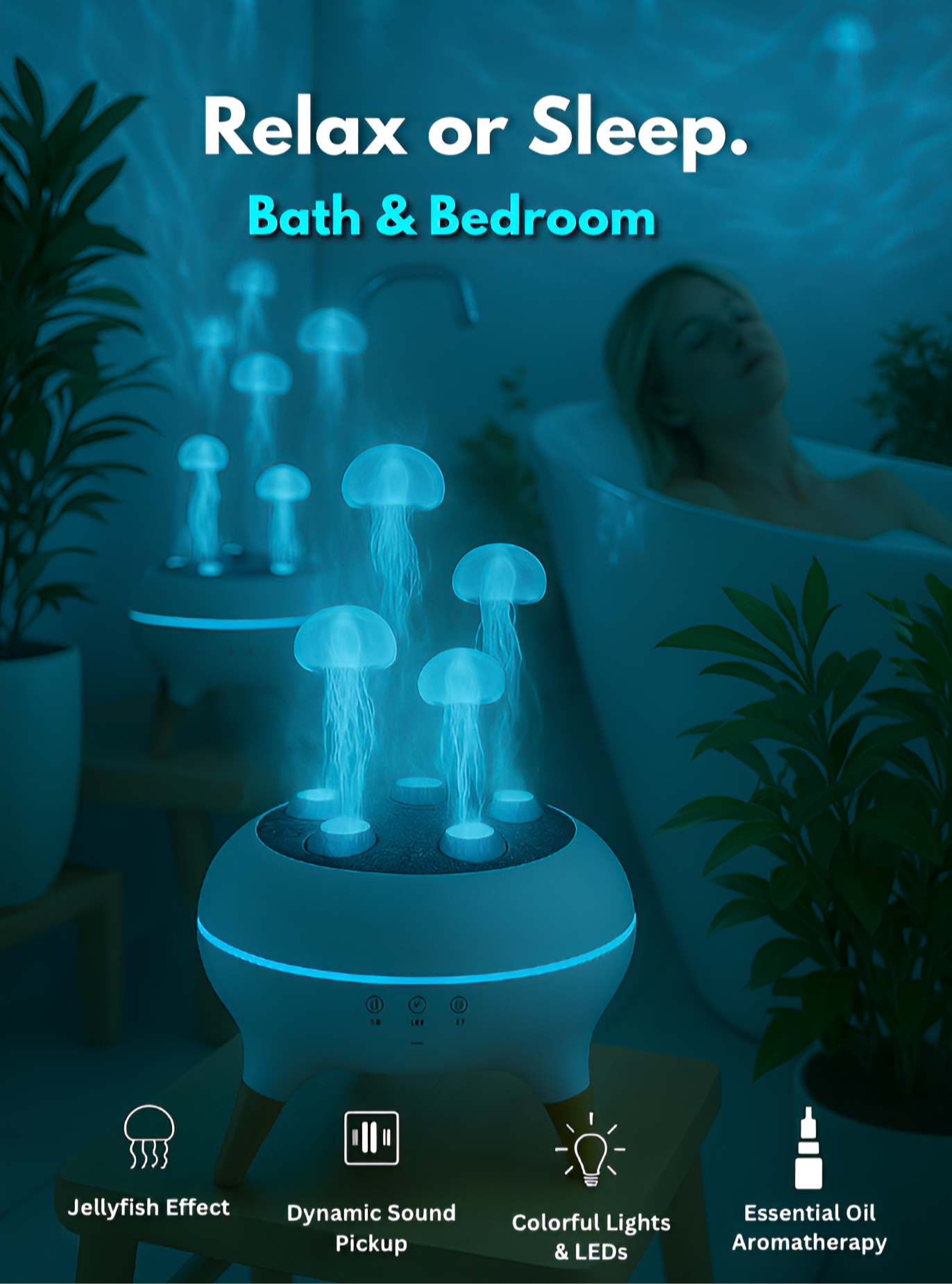 Diffuseur Aromatique Ultrasonique avec Effet Brume Méduse et Lumière d'Ambiance