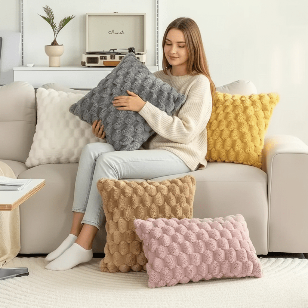 Housse de coussin à texture 3D en peluche en mélange de coton