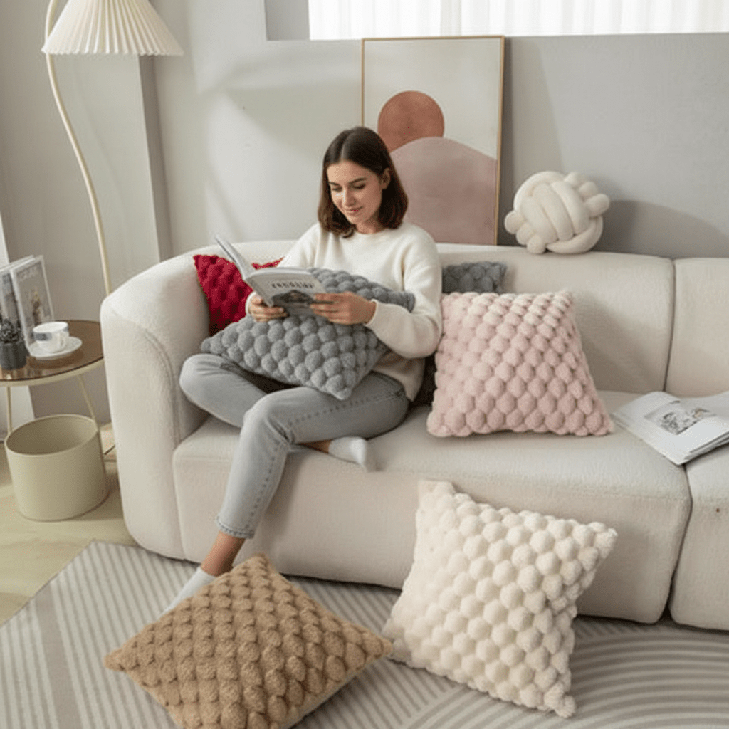 Housse de coussin à texture 3D en peluche en mélange de coton