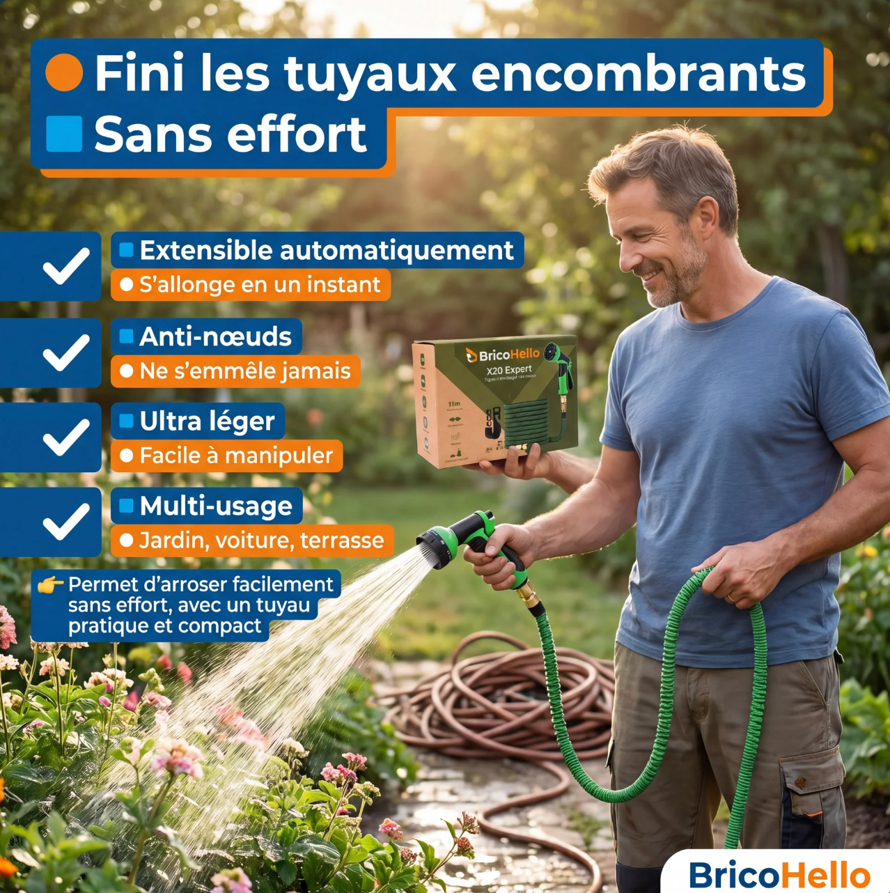 Tuyau d'arrosage extensible anti-pliage avec raccords en laiton