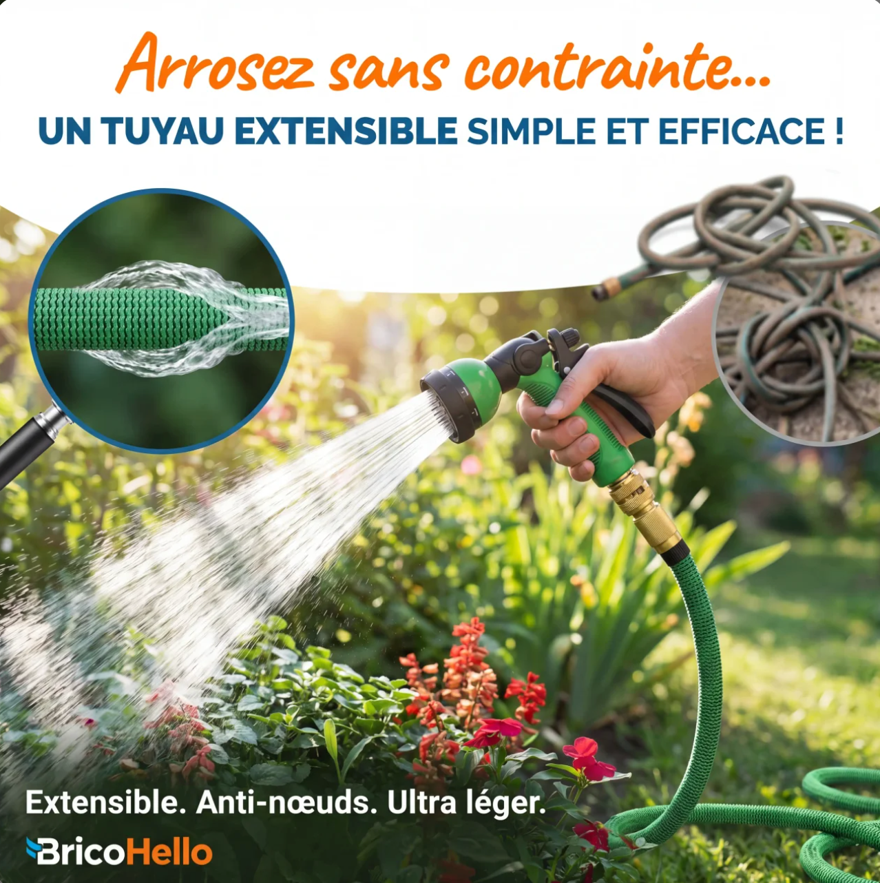 Tuyau d'arrosage extensible anti-pliage avec raccords en laiton