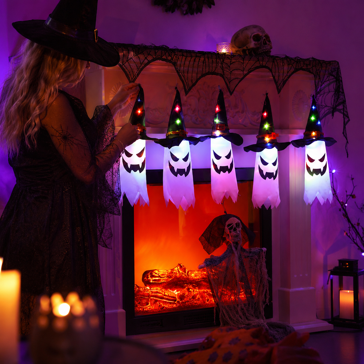 Guirlande lumineuse Halloween avec lanternes fantômes – 5 LED fantômes blanc chaud