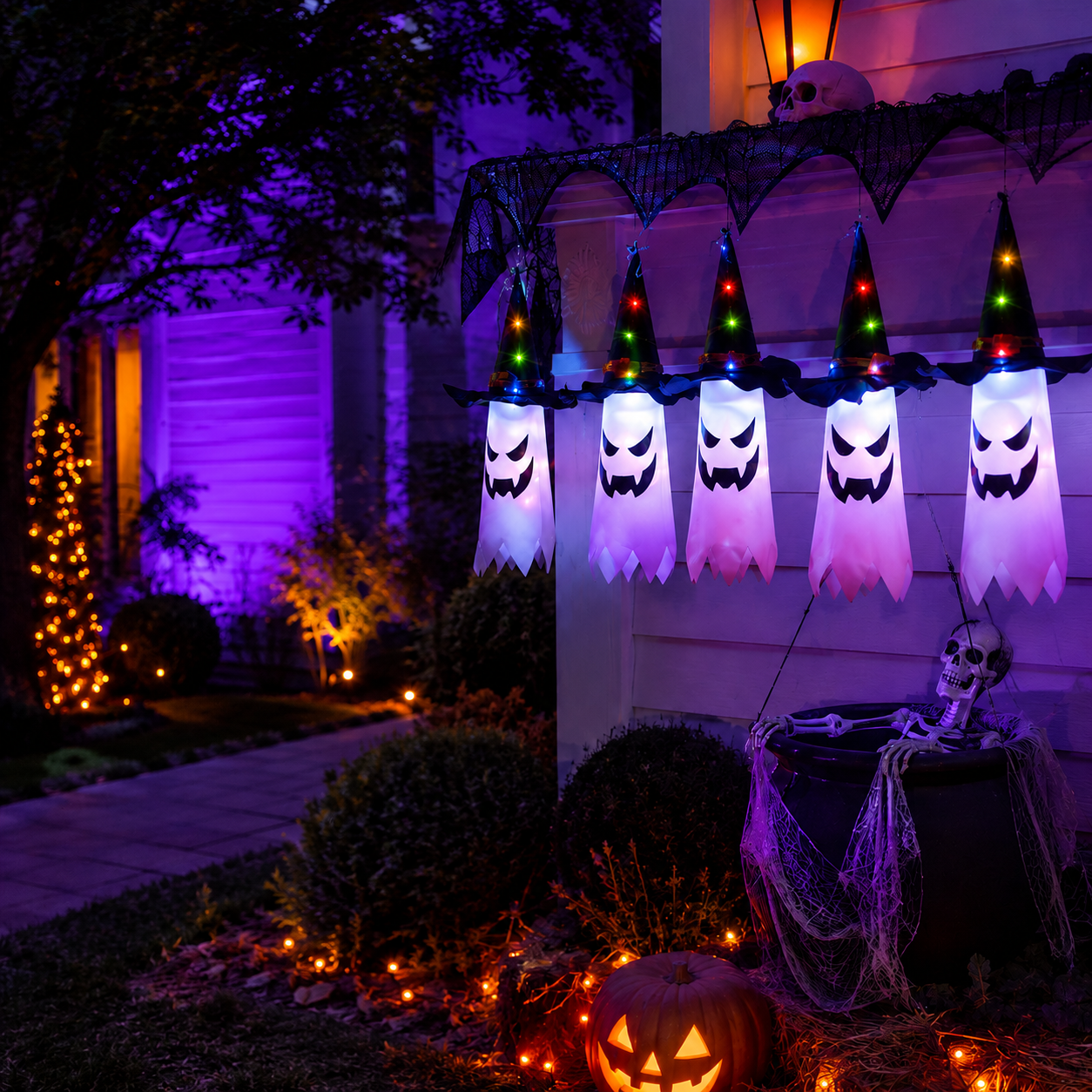 Guirlande lumineuse Halloween avec lanternes fantômes – 5 LED fantômes blanc chaud