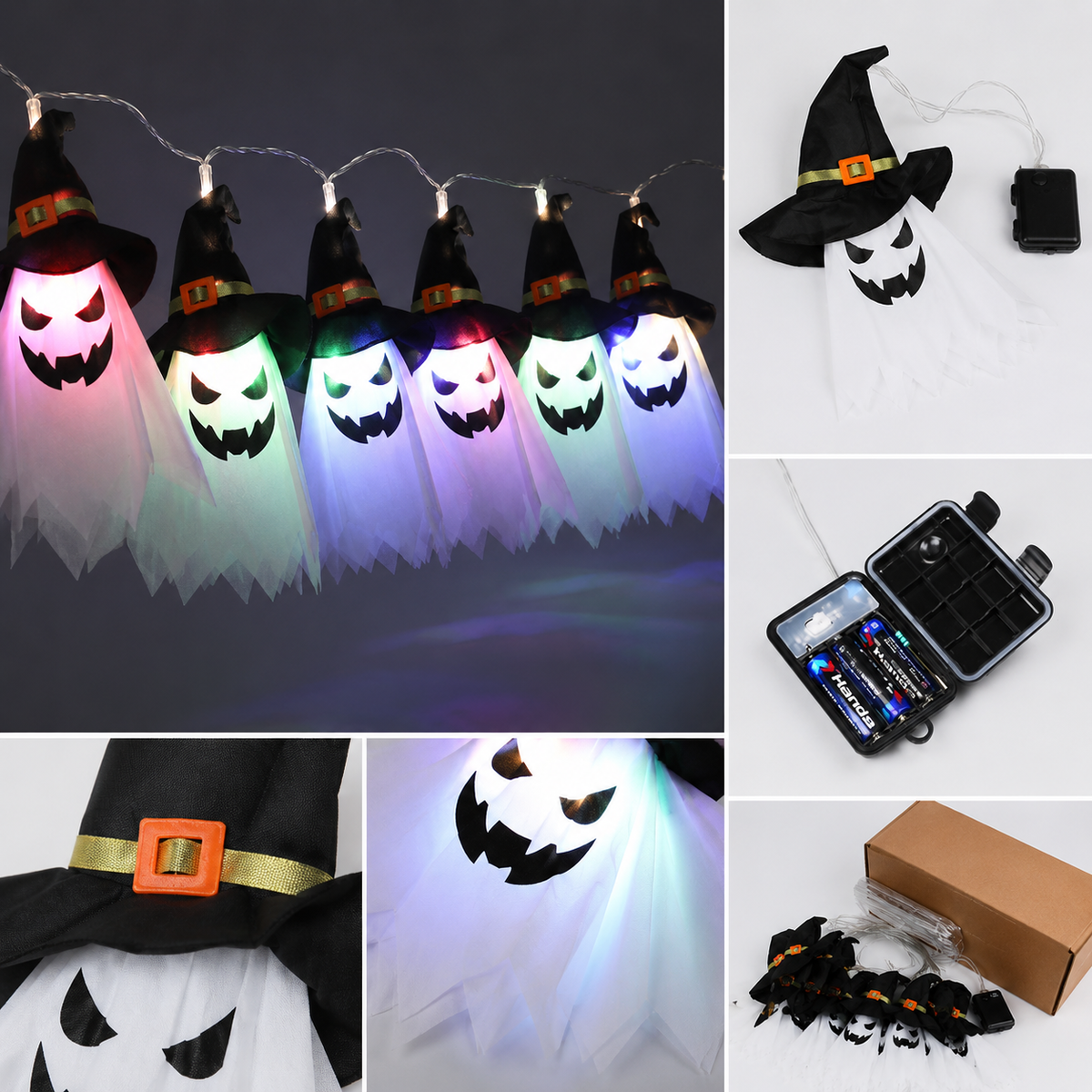 Guirlande lumineuse Halloween avec lanternes fantômes – 5 LED fantômes blanc chaud