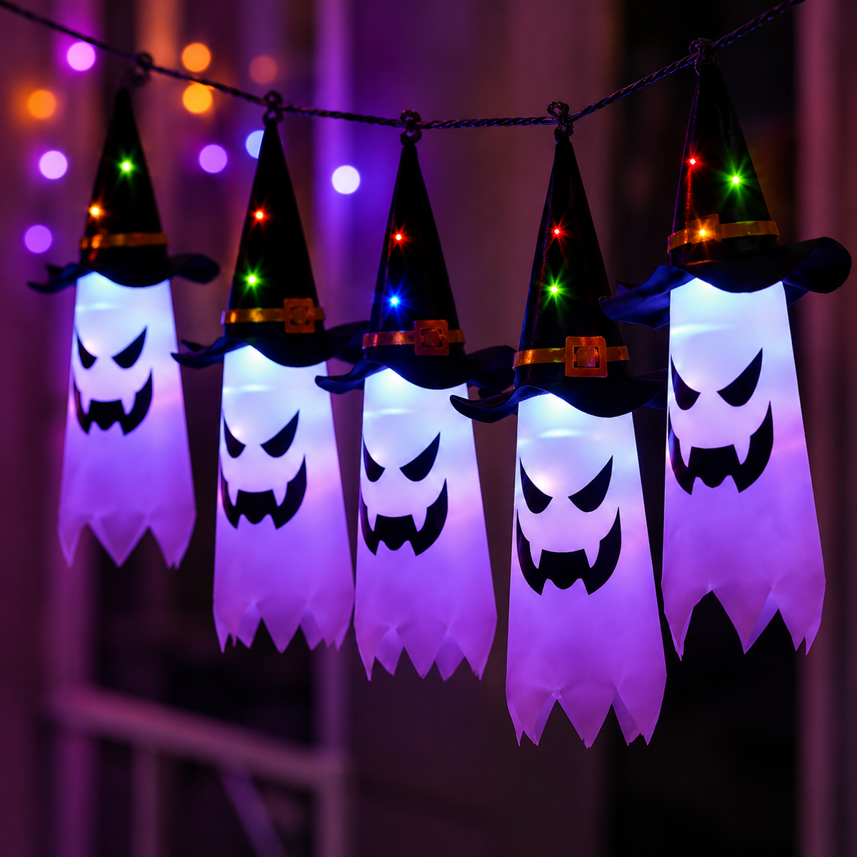 Guirlande lumineuse Halloween avec lanternes fantômes – 5 LED fantômes blanc chaud