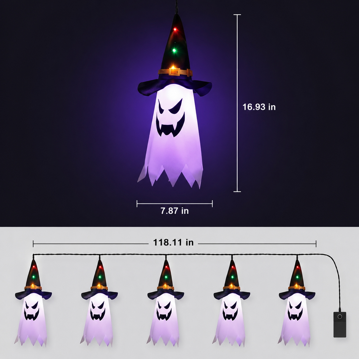 Guirlande lumineuse Halloween avec lanternes fantômes – 5 LED fantômes blanc chaud