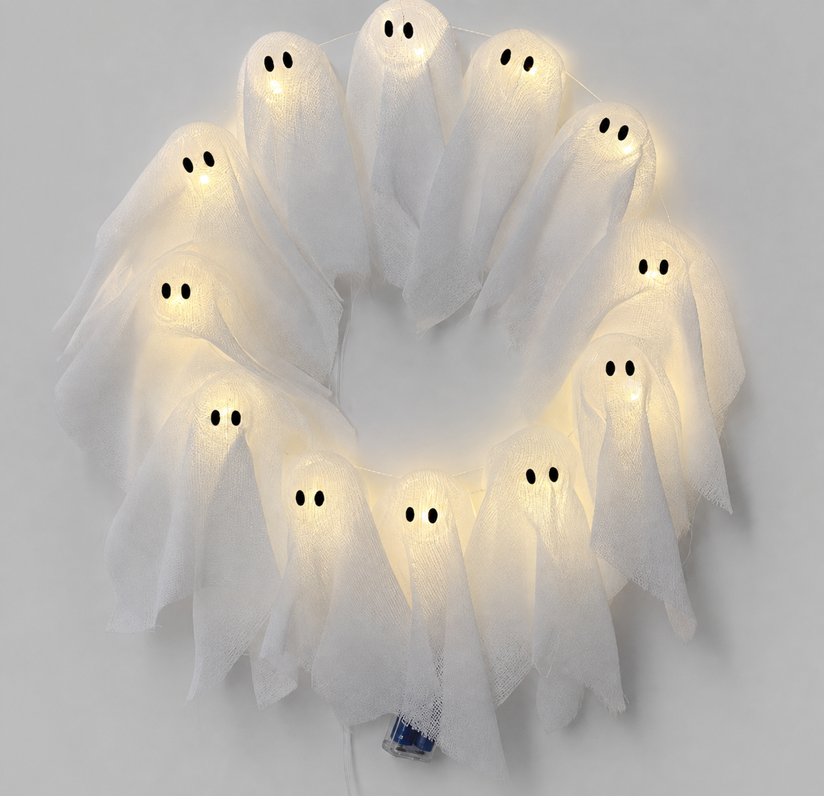 Couronne Halloween avec éclairage LED – 12 fantômes lumineux, 31 cm