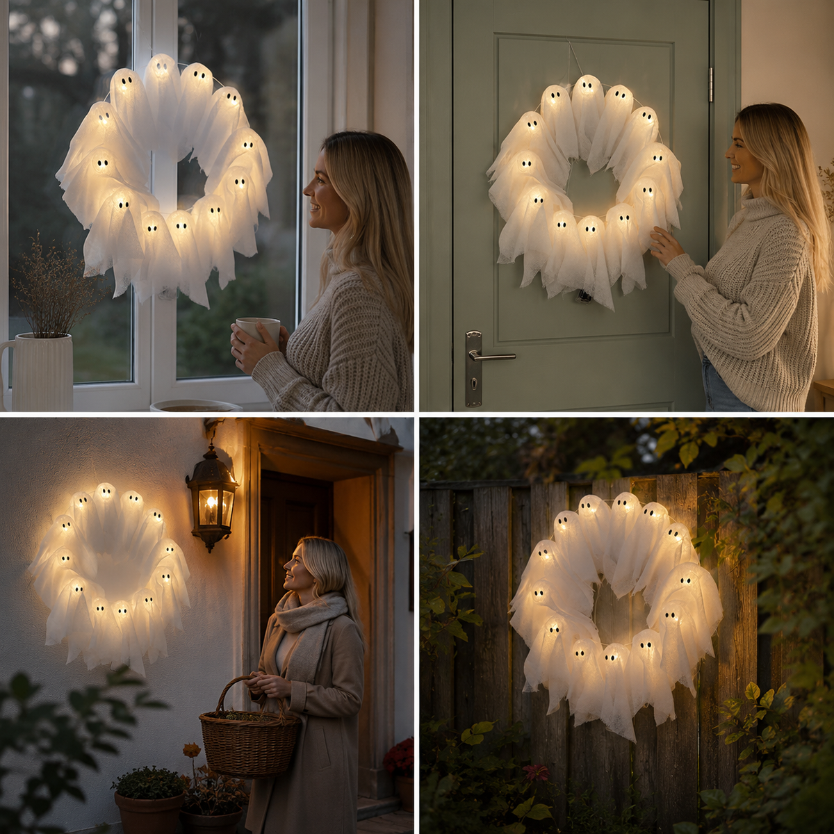 Couronne Halloween avec éclairage LED – 12 fantômes lumineux, 31 cm