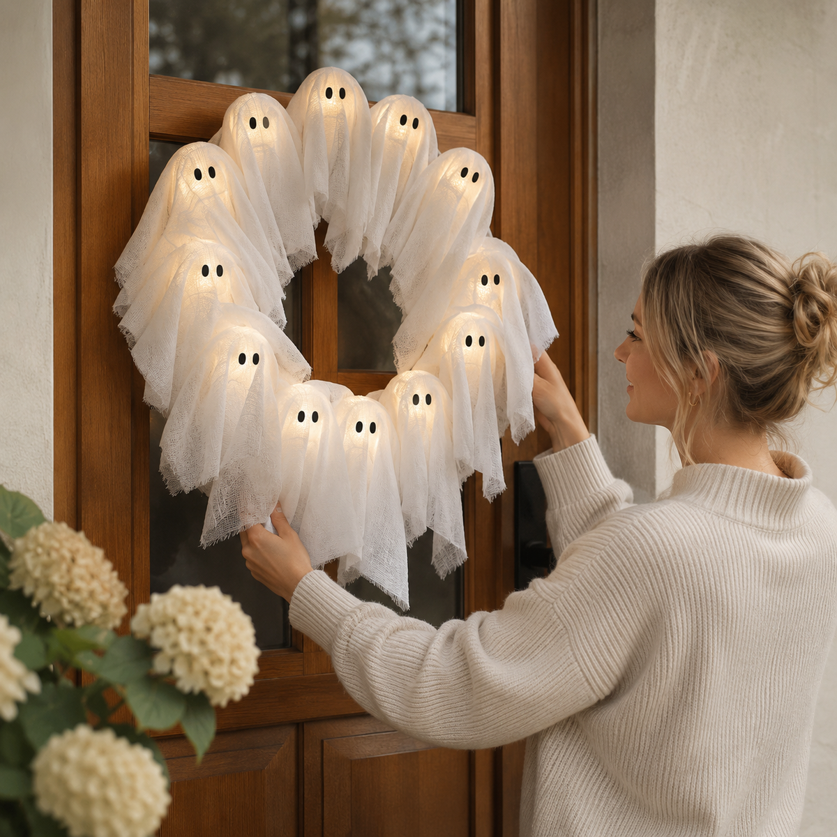 Couronne Halloween avec éclairage LED – 12 fantômes lumineux, 31 cm
