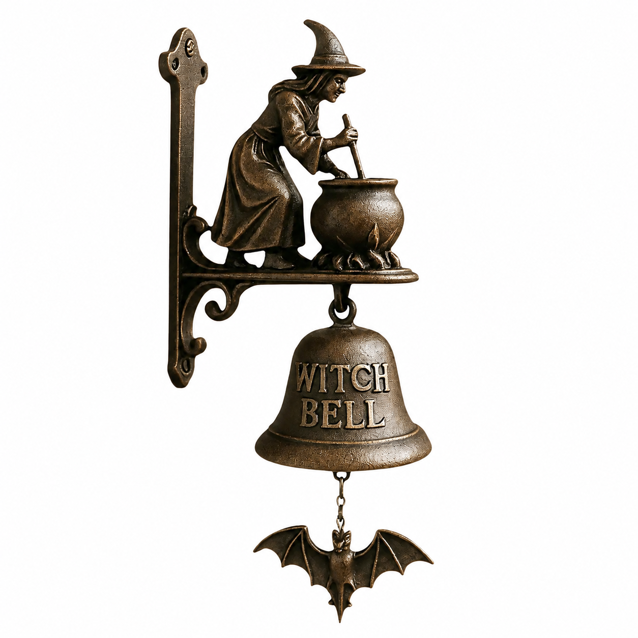 Cloche de porte en fonte avec motif sorcière – Bronze antique pour extérieur