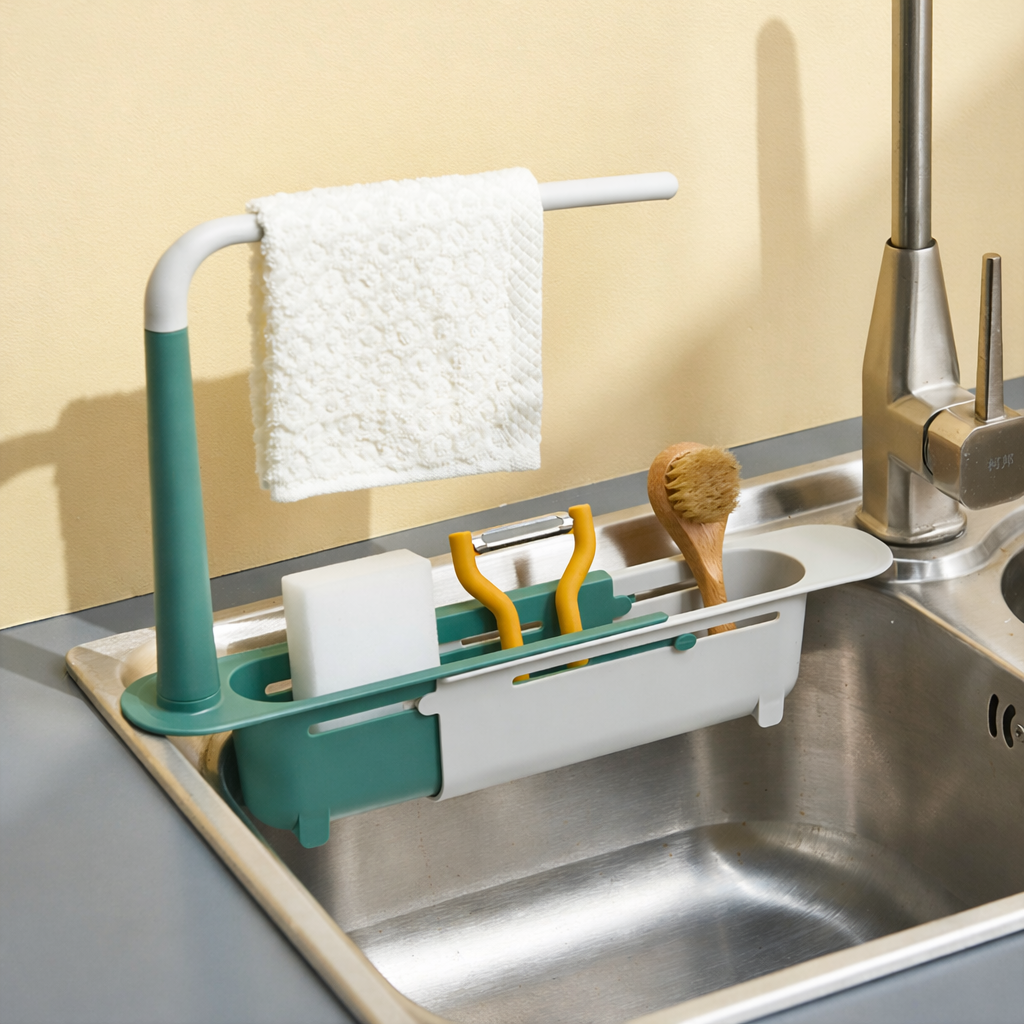 Organiseur télescopique pour évier – flexible et inoxydable