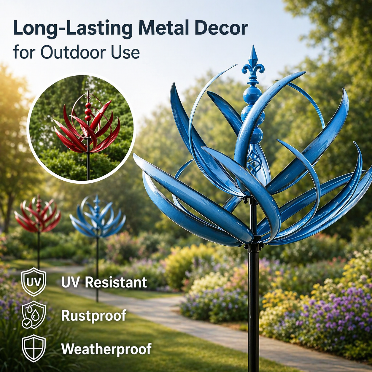 Moulin à Vent Décoratif Jardin Design Lotus en Métal Inoxydable