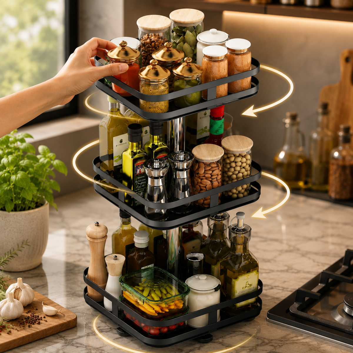 Étagère à épices rotative en métal – 3 niveaux pour la cuisine