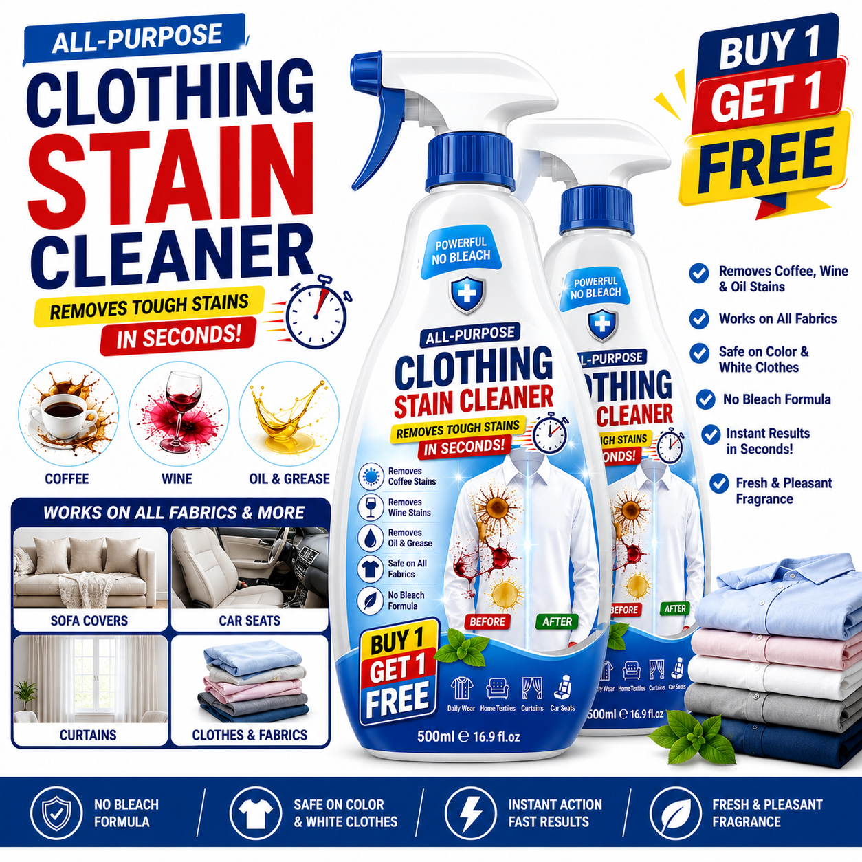 Spray nettoyant textile détachant puissant sans agent blanchissant
