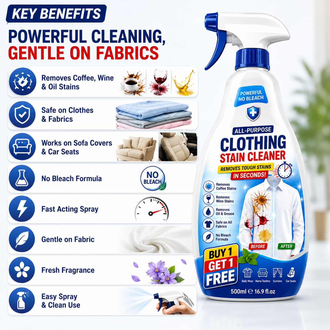 Spray nettoyant textile détachant puissant sans agent blanchissant