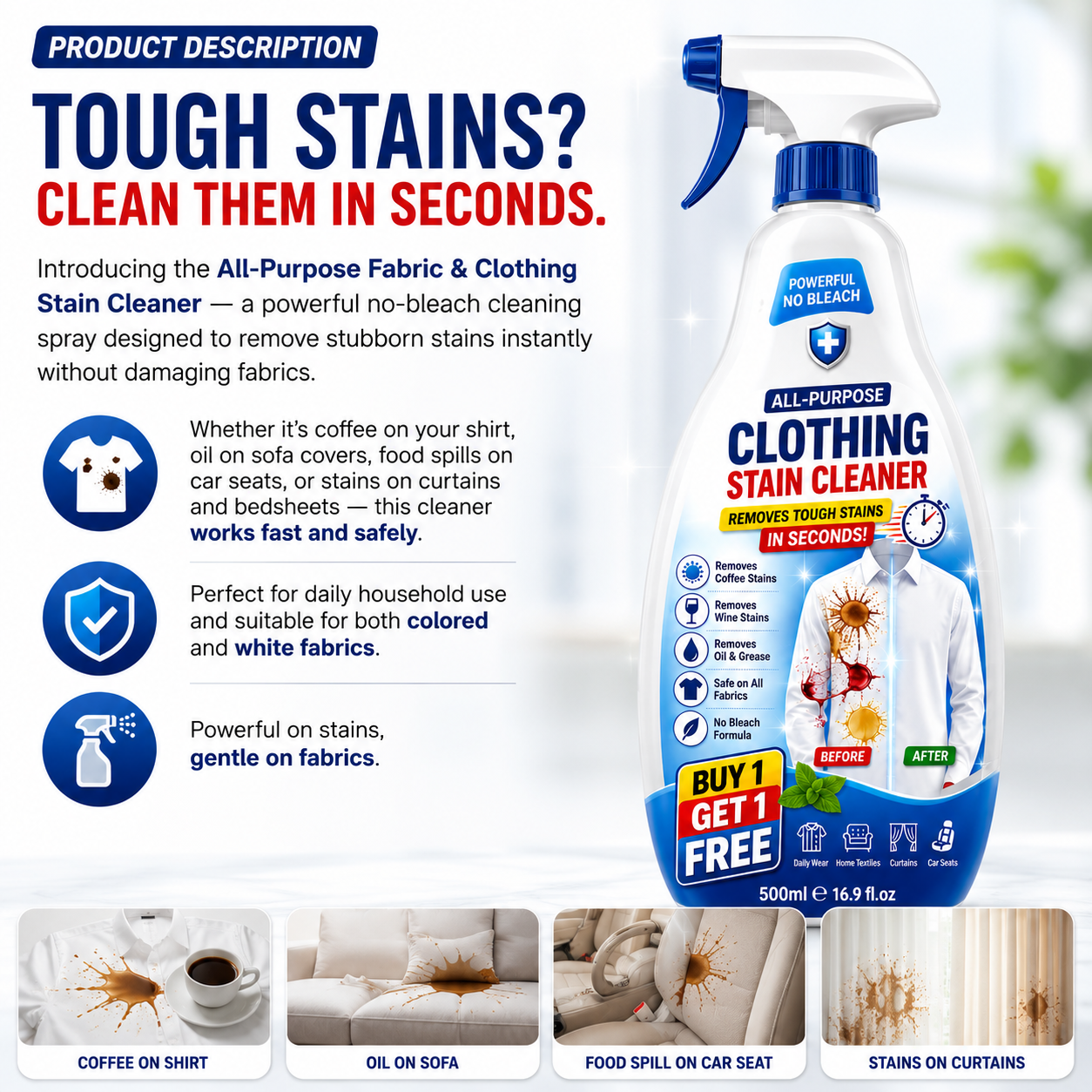 Spray nettoyant textile détachant puissant sans agent blanchissant