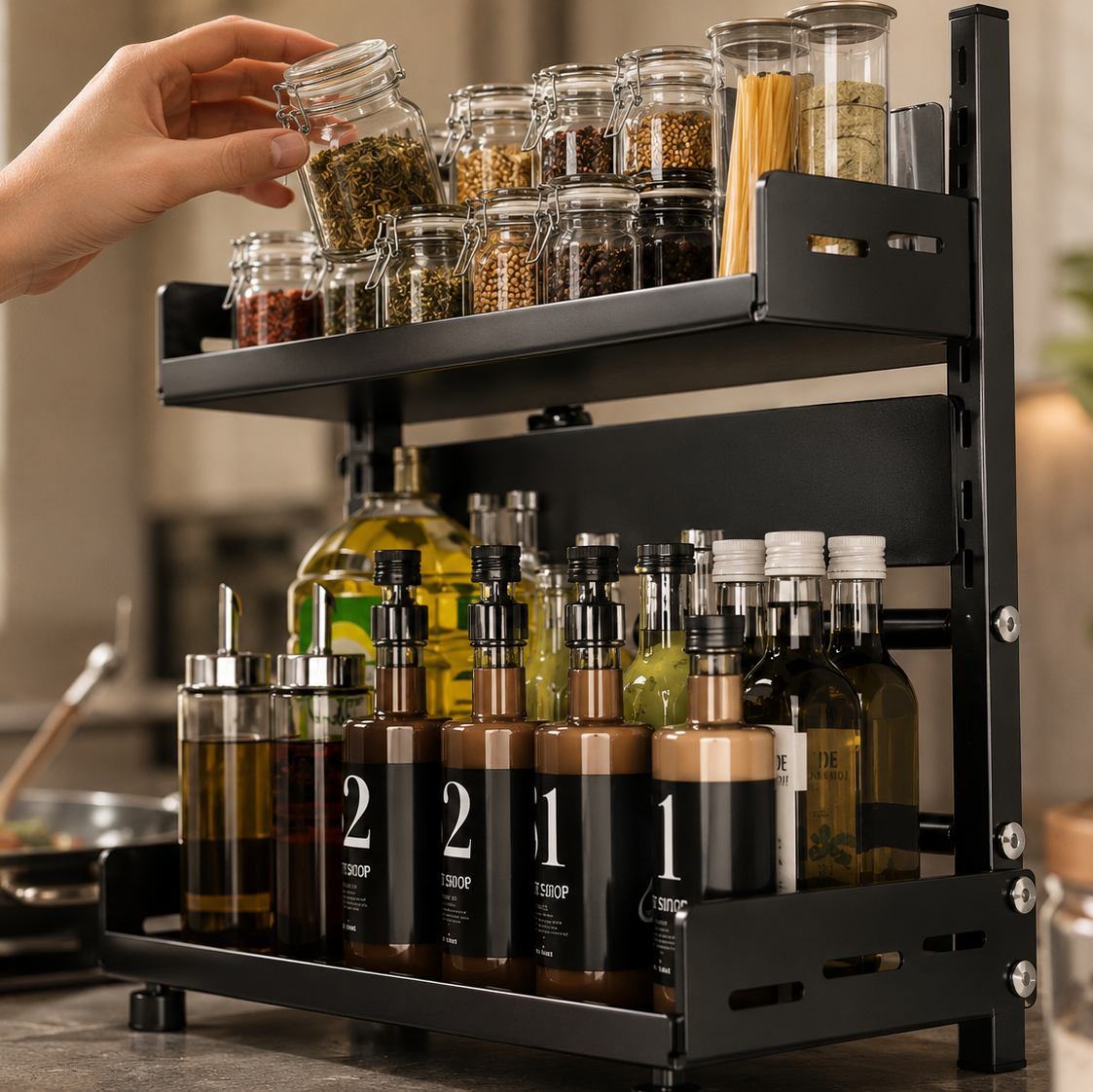 Étagère à épices 2 niveaux – Range-épices de cuisine pour bocaux et bouteilles
