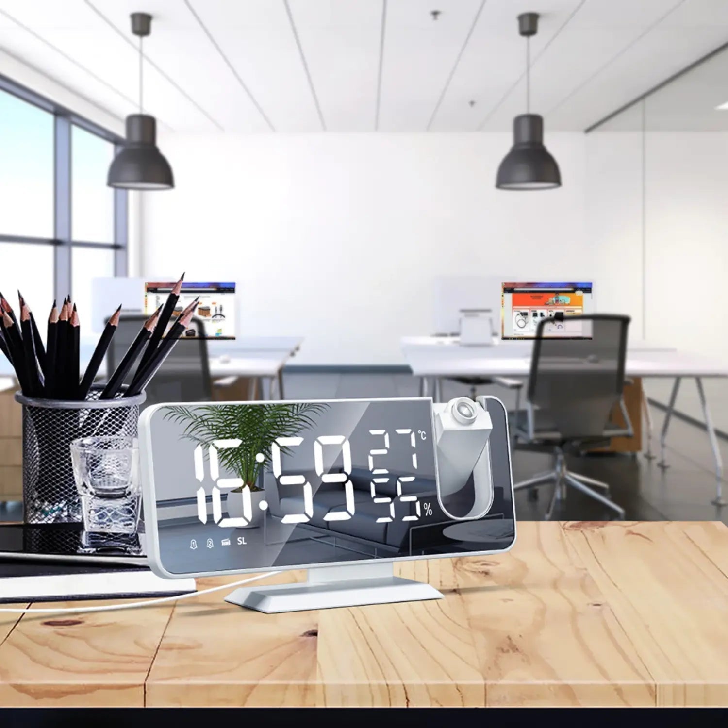 Horloge à projection avec radio FM, double alarme et port de charge USB