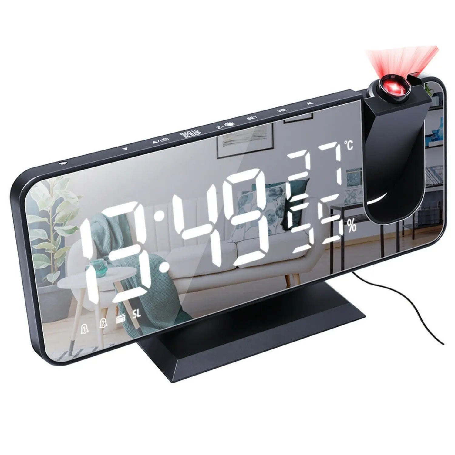 Horloge à projection avec radio FM, double alarme et port de charge USB