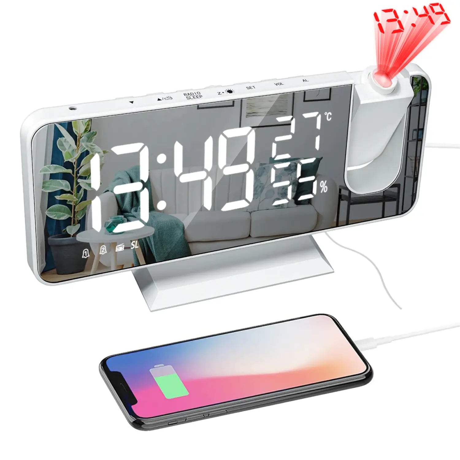 Horloge à projection avec radio FM, double alarme et port de charge USB